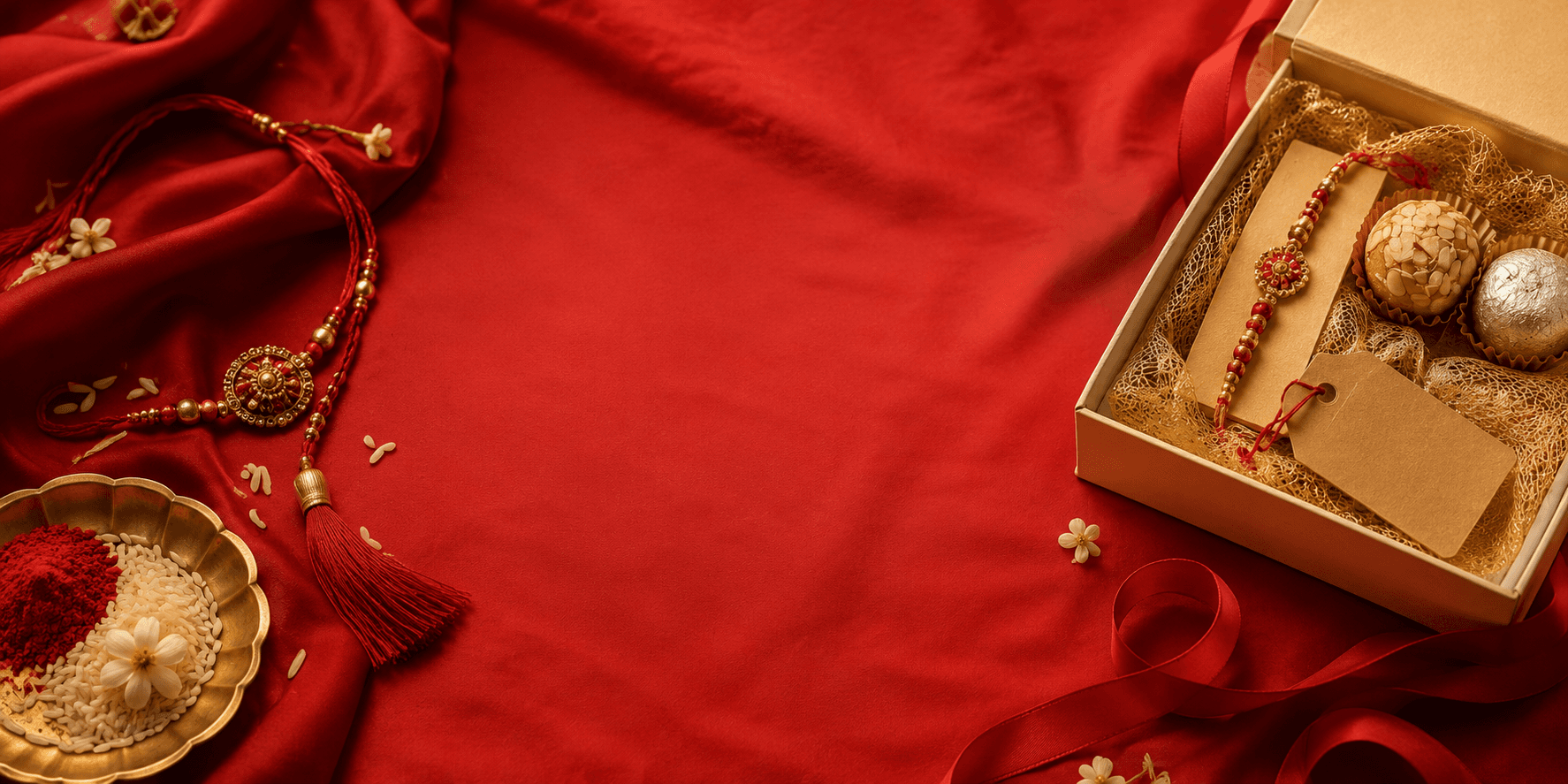 Rakhi thali with roli and rice, and an open hamper box with sweets, a rakhi and a gift tag