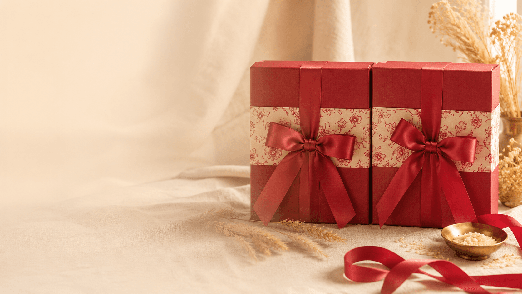 Two ribboned red gift boxes styled with dried flowers on a cream backdrop