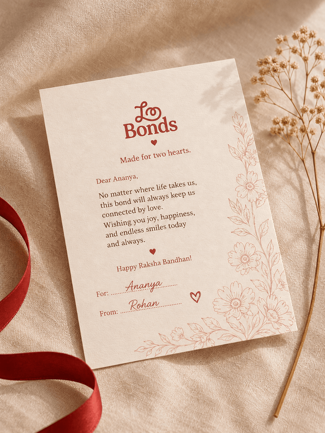 Kraft gift tag reading 'Made for two hearts'
